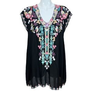 Johnny Was Black Petunia Embroidered Cupra Rayon Tunic/Dress Size Small